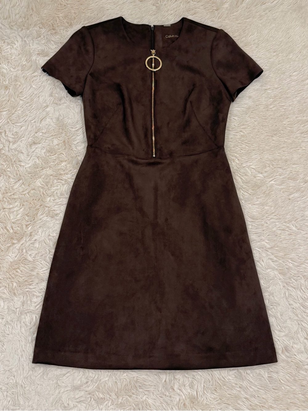 Calvin Klein Brown Faux Suede Shift Dress Size 4 Gold Zip Ring Pull Short Sleeve - Picture 4 of 10